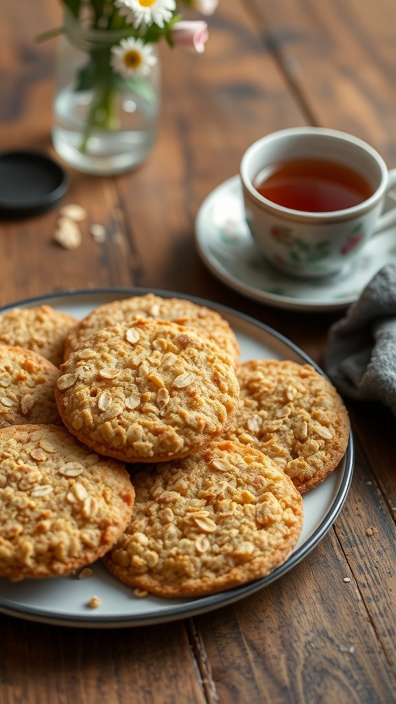 Traditional Oat Cakes Recipe A plate of golden oat cakes with a cup of tea on a rustic wooden table.